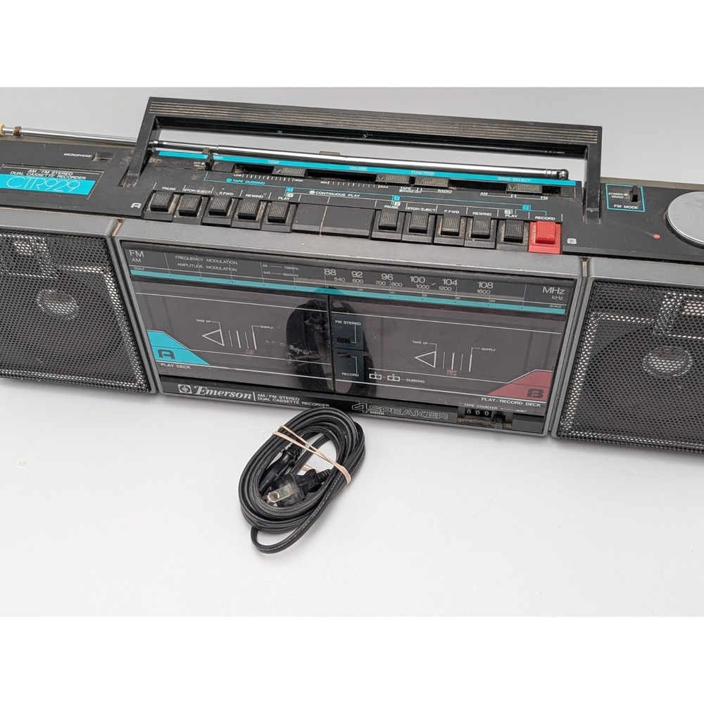 Vintage Emerson CTR 929 AM FM Stereo Radio Dual Cassette Player Boombox, *WORKS*